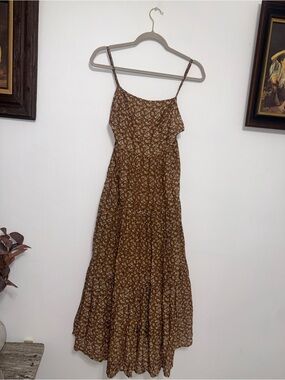 Brown Floral Midi Dress with Spaghetti Straps